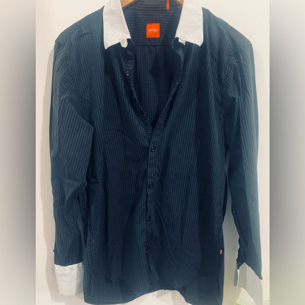 BOSS x HUGO BOSS black & white pinstripe contrast collar & French cuffs Size L